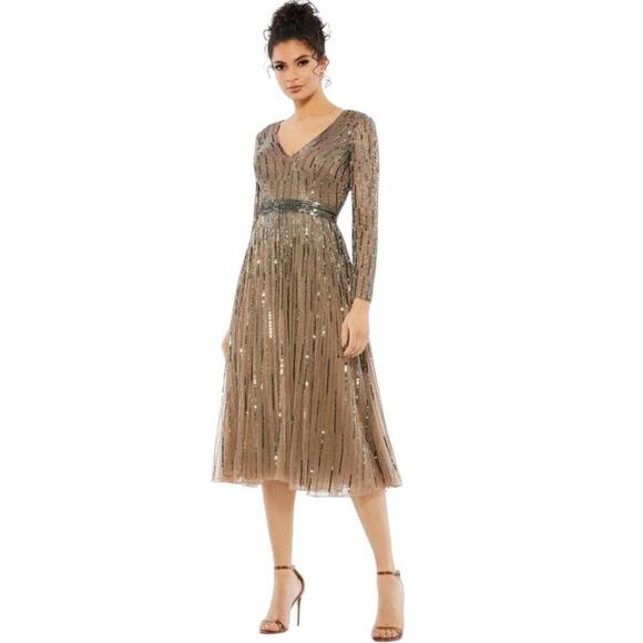 MAC DUGGAL 5528 Long Sleeve Tea Length Midi Dress Sz 2 Dark Taupe NWT $398 ✨ - Picture 3 of 14